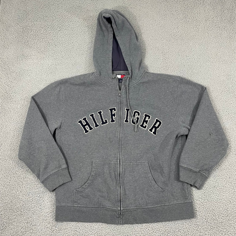 Tommy Hilfiger Embroidered Spellout Hoodie Men L Gray Y2K Skate Full Zip